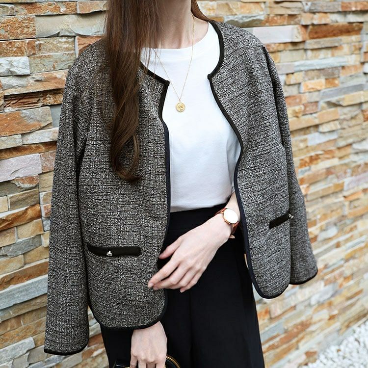 大きいサイズ レディース ラメツイードノーカラージャケット　mncut-144002