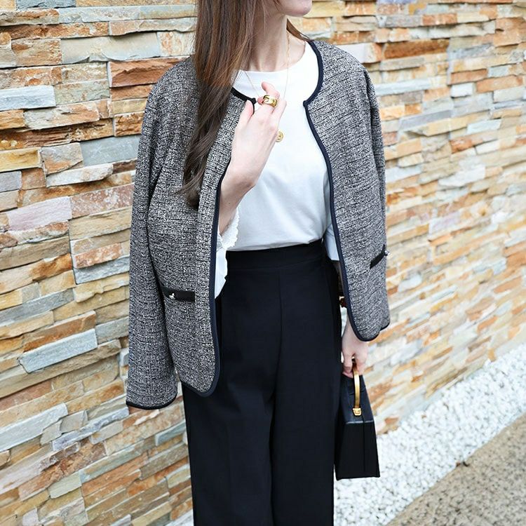 大きいサイズ レディース ラメツイードノーカラージャケット　mncut-144002