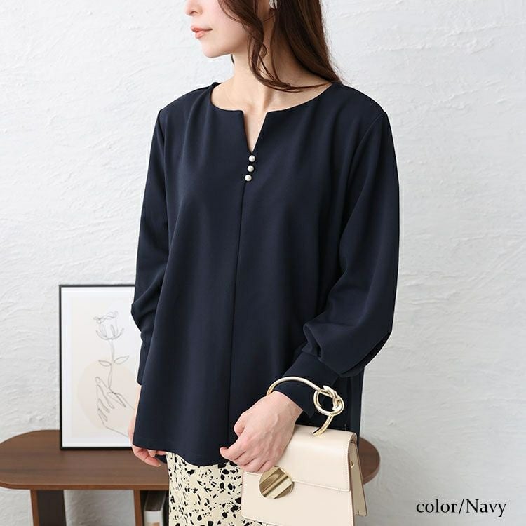 大きいサイズ レディース パールボタンキーネックプルオーバー　mncut-142049