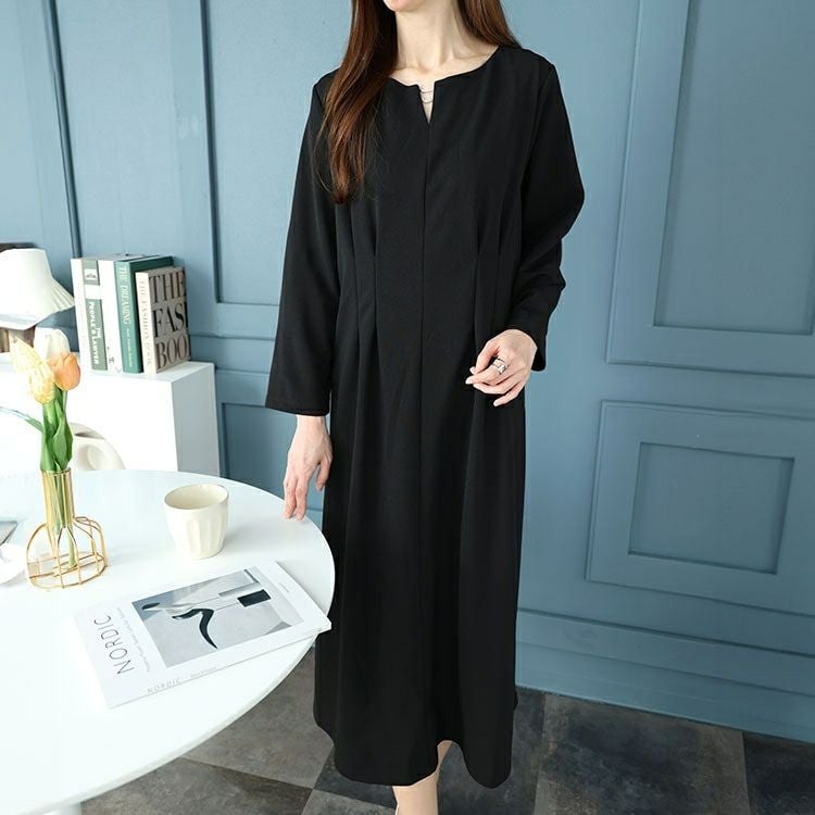 大きいサイズ レディース パール付きネックウエストタックワンピース　mncut-142045