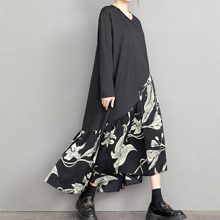 大きいサイズ レディース 花柄切替えフレアワンピース　goldy-1432