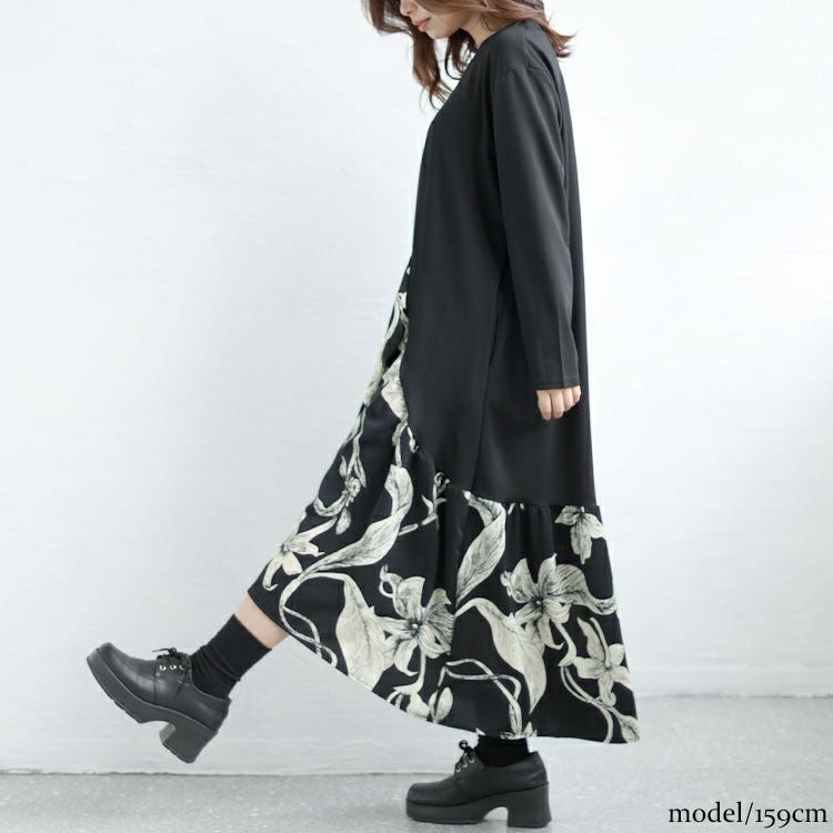 大きいサイズ レディース 花柄切替えフレアワンピース　goldy-1432