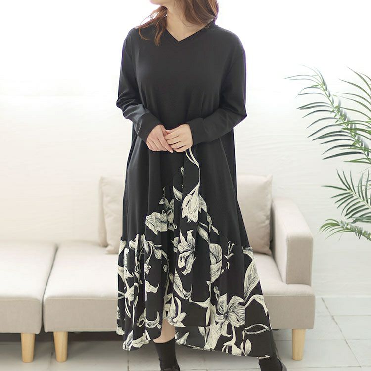 大きいサイズ レディース 花柄切替えフレアワンピース　goldy-1432