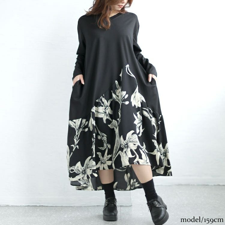 大きいサイズ レディース 花柄切替えフレアワンピース　goldy-1432