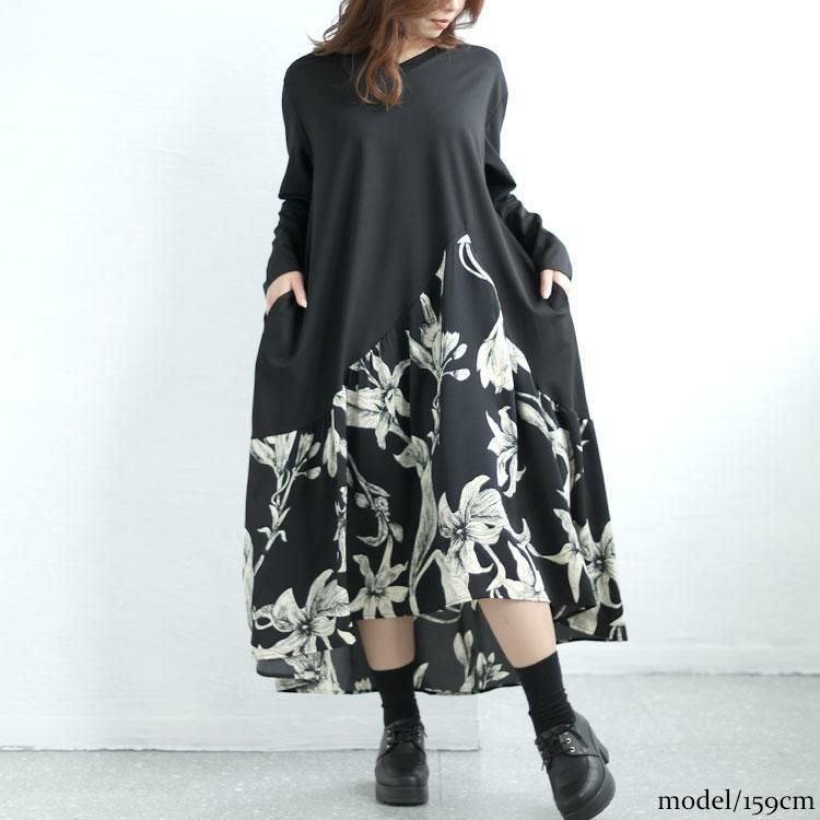大きいサイズ レディース 花柄切替えフレアワンピース　goldy-1432 ブラック