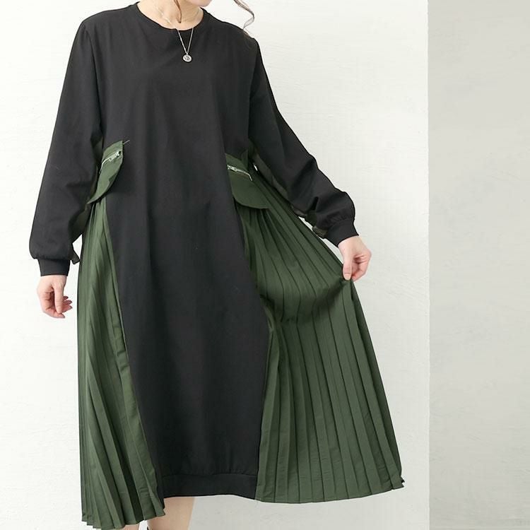 大きいサイズ レディース サイドプリーツロングワンピース　goldy-1431 【メール便可】 ブラック