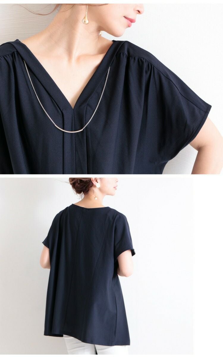 大きいサイズ レディース 接触冷感ネックレス付きVネックトップス　mncut-102194