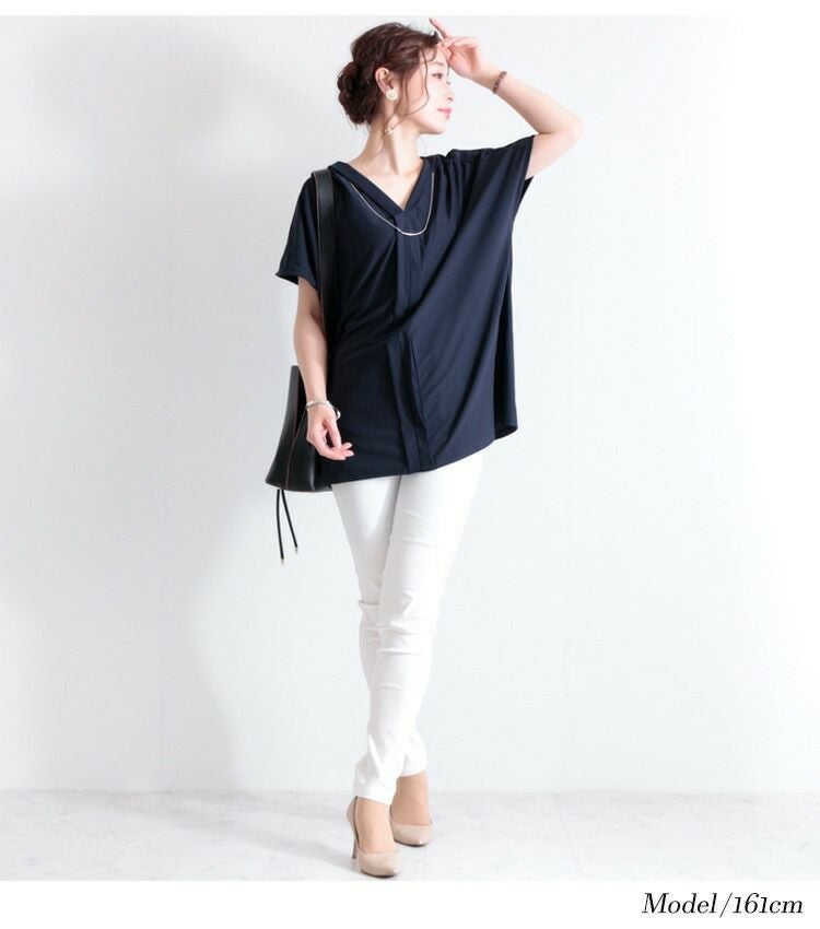大きいサイズ レディース 接触冷感ネックレス付きVネックトップス　mncut-102194