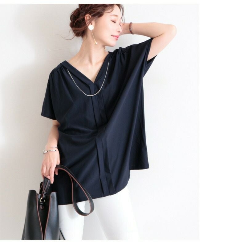 大きいサイズ レディース 接触冷感ネックレス付きVネックトップス　mncut-102194