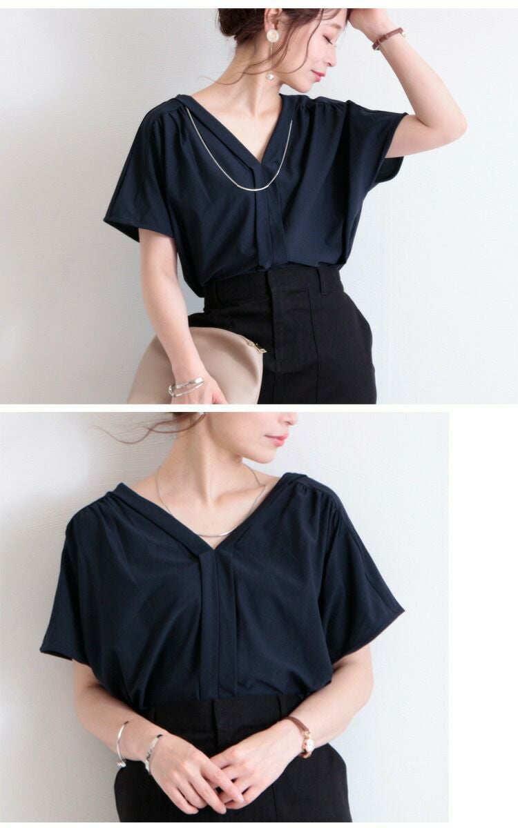 大きいサイズ レディース 接触冷感ネックレス付きVネックトップス　mncut-102194