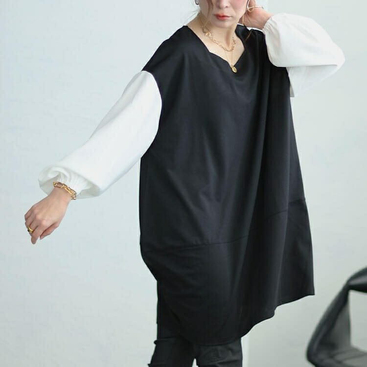大きいサイズ レディース 異素材バイカラーコクーンチュニック　fem-455
