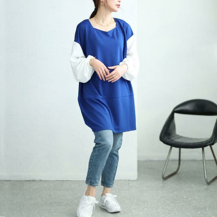 大きいサイズ レディース 異素材バイカラーコクーンチュニック　fem-455 ネイビー×オフ