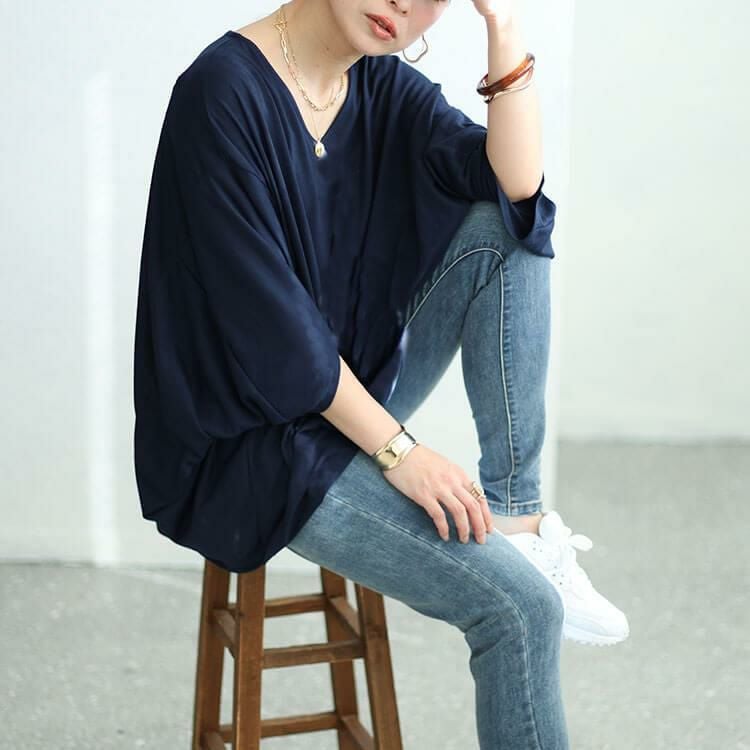 大きいサイズ レディース ワイドドルマンプルオーバー　fem-456 ネイビー