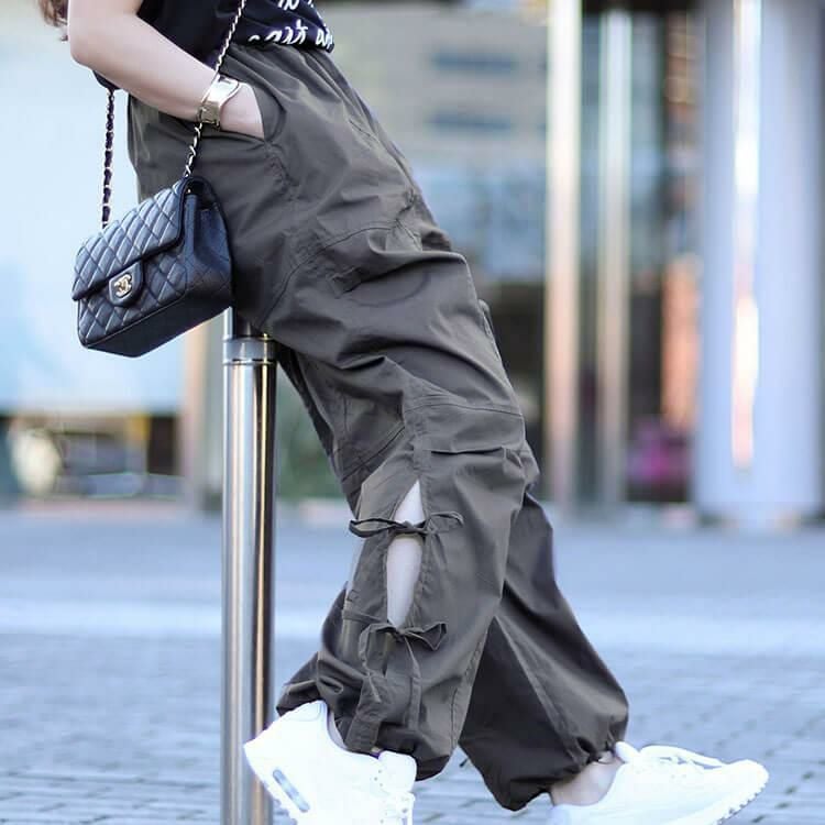大きいサイズ レディース コットンサイドリボンカーゴパンツ　fem-415 グレー