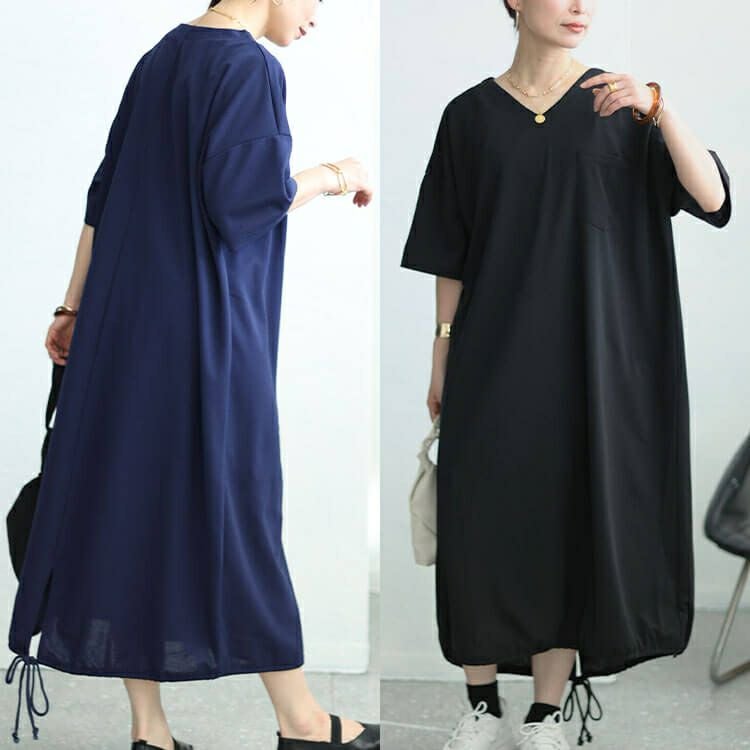 大きいサイズ レディース 裾ドロストVネックワンピース　fem-458