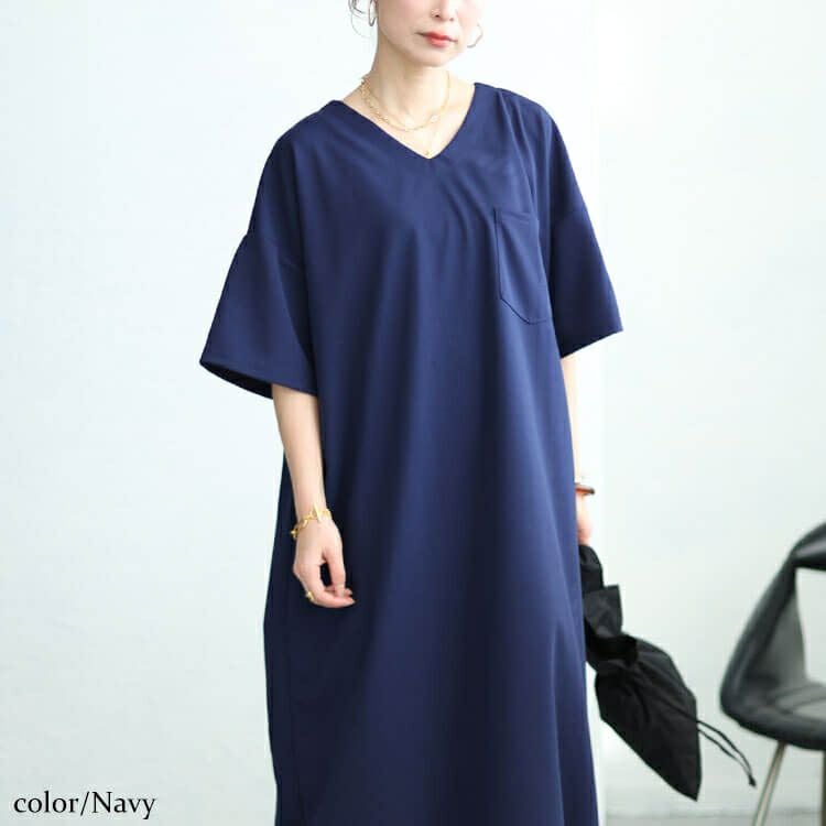 大きいサイズ レディース 裾ドロストVネックワンピース　fem-458