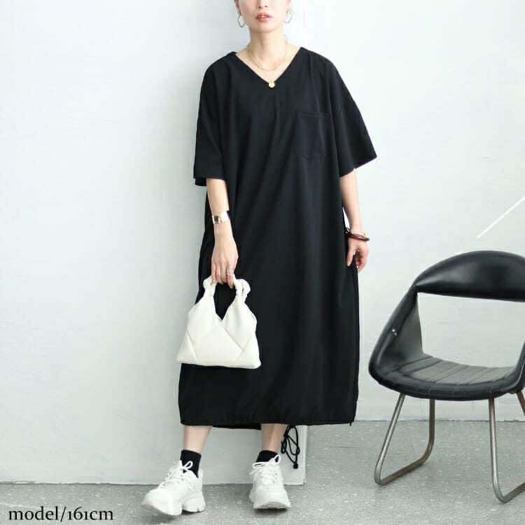 大きいサイズ レディース 裾ドロストVネックワンピース　fem-458