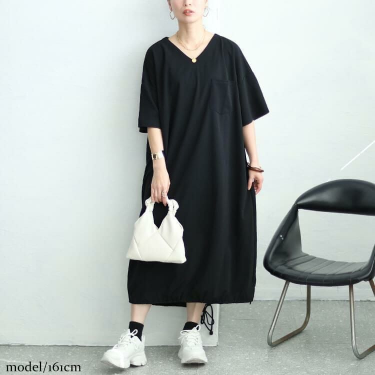 大きいサイズ レディース 裾ドロストVネックワンピース　fem-458 ブラック