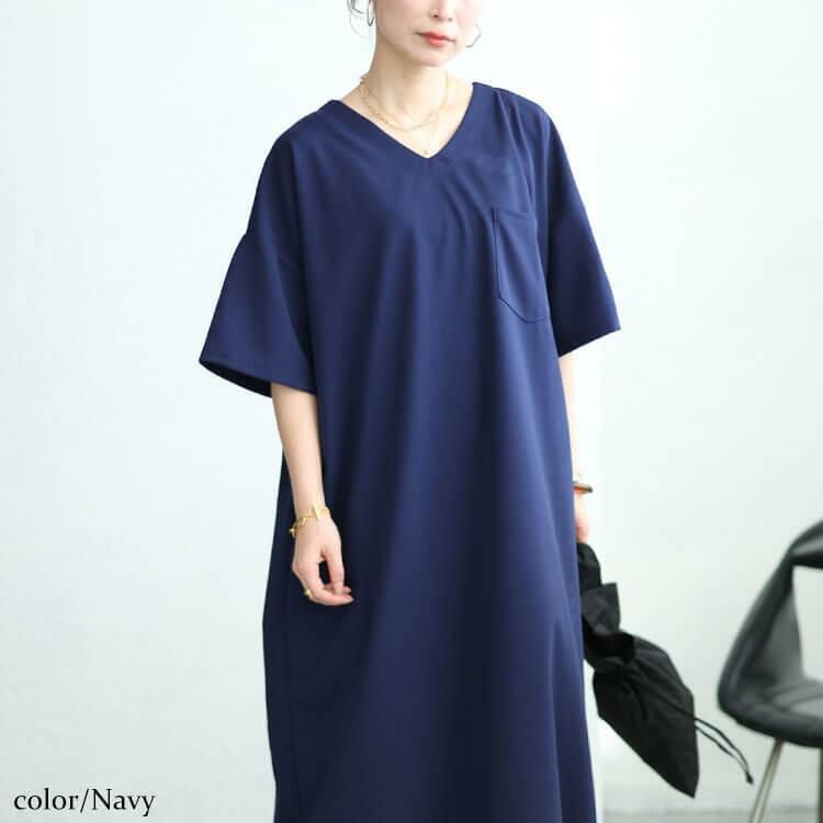 大きいサイズ レディース 裾ドロストVネックワンピース　fem-458 ネイビー