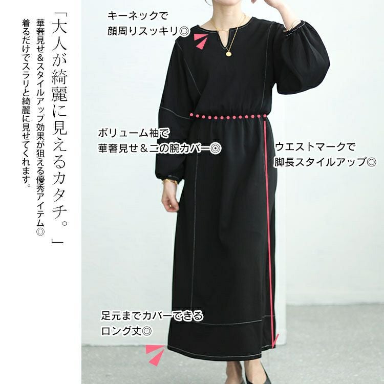 大きいサイズ レディース 配色ステッチキーネックワンピース　maru-30004