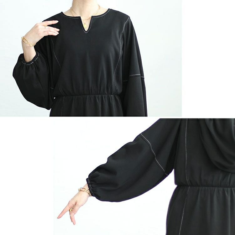 大きいサイズ レディース 配色ステッチキーネックワンピース　maru-30004