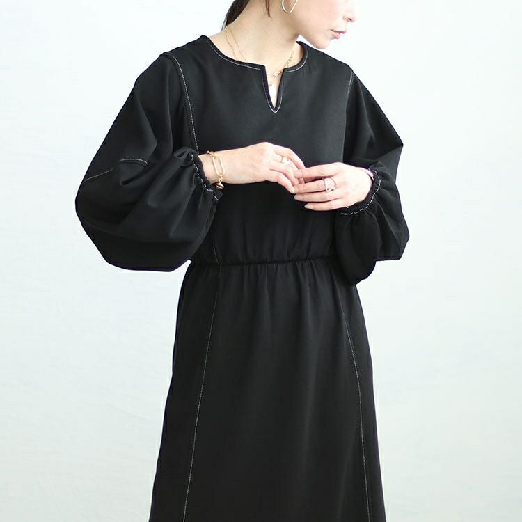 大きいサイズ レディース 配色ステッチキーネックワンピース　maru-30004