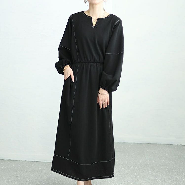 大きいサイズ レディース 配色ステッチキーネックワンピース　maru-30004