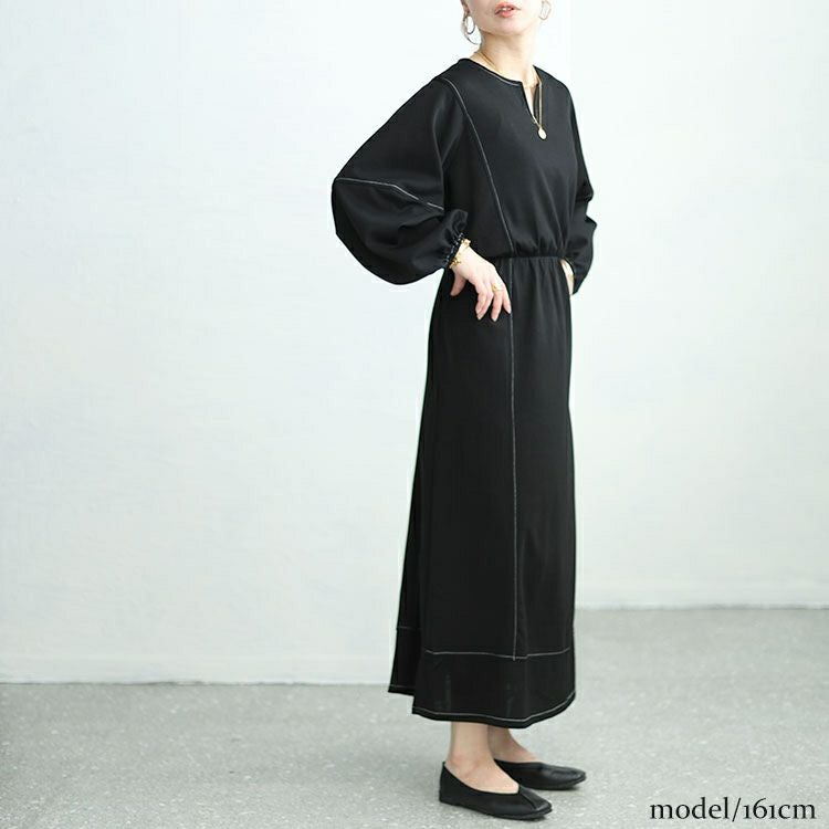 大きいサイズ レディース 配色ステッチキーネックワンピース　maru-30004