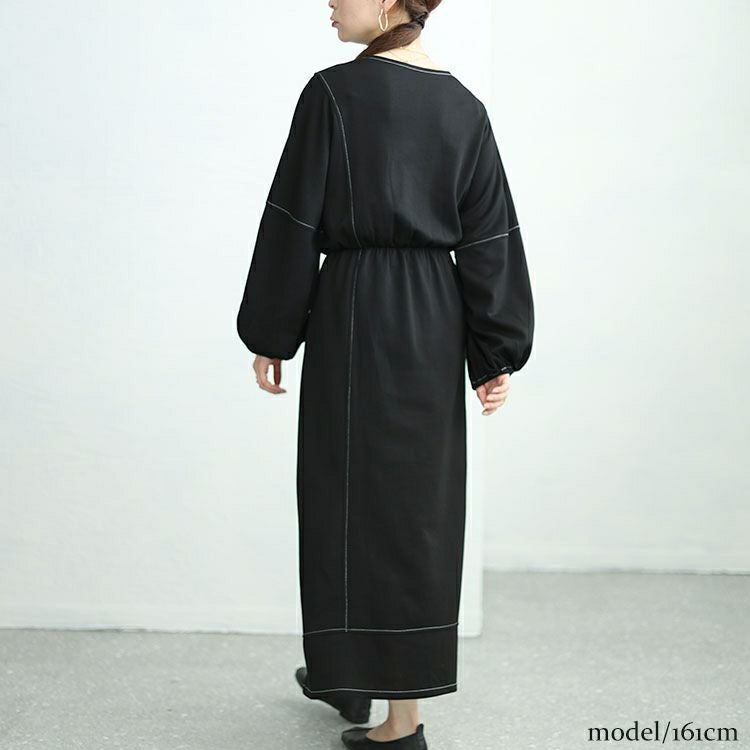 大きいサイズ レディース 配色ステッチキーネックワンピース　maru-30004