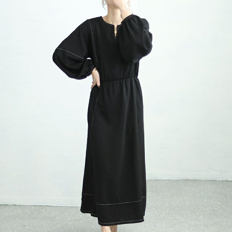 大きいサイズ レディース 配色ステッチキーネックワンピース　maru-30004