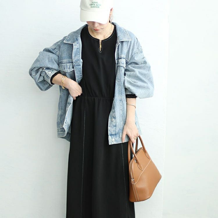 大きいサイズ レディース 配色ステッチキーネックワンピース　maru-30004