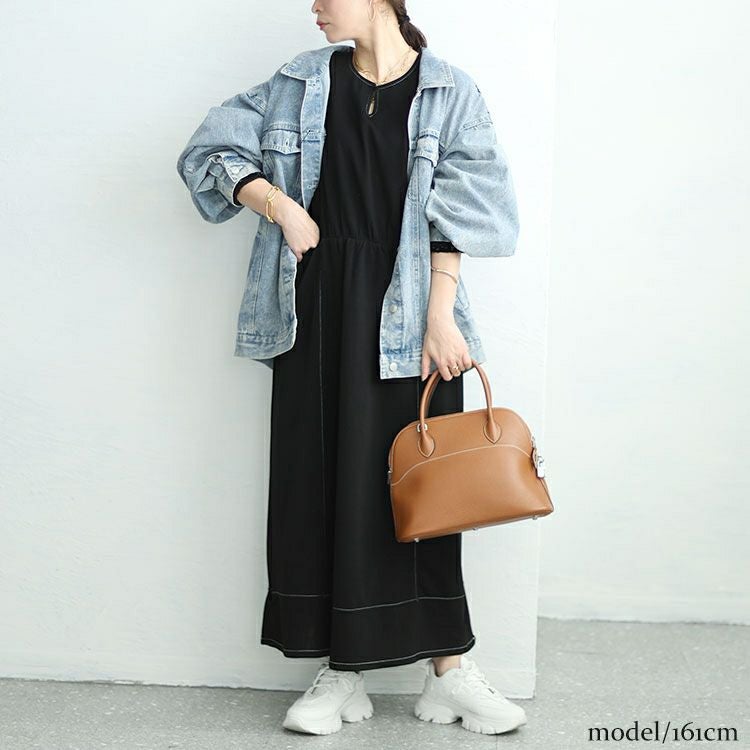 大きいサイズ レディース 配色ステッチキーネックワンピース　maru-30004