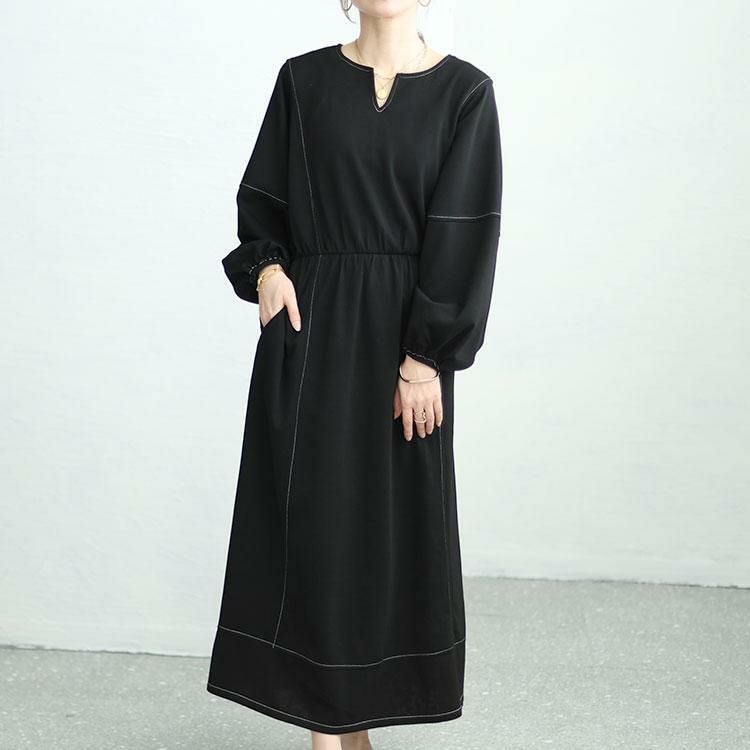 大きいサイズ レディース 配色ステッチキーネックワンピース　maru-30004 ブラック