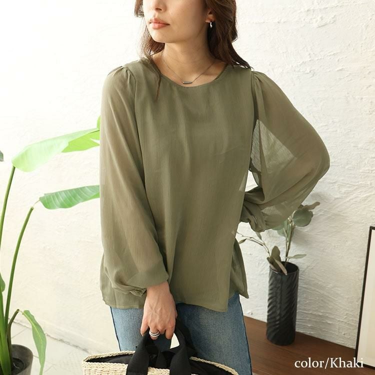 大きいサイズ レディース ボリュームスリーブシフォンプルオーバー　maru-30003 【ゆうパケット可】 カーキ
