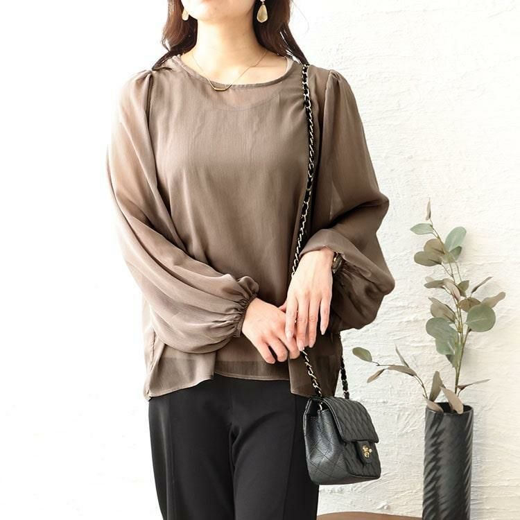 大きいサイズ レディース ボリュームスリーブシフォンプルオーバー　maru-30003 【ゆうパケット可】 グレージュ