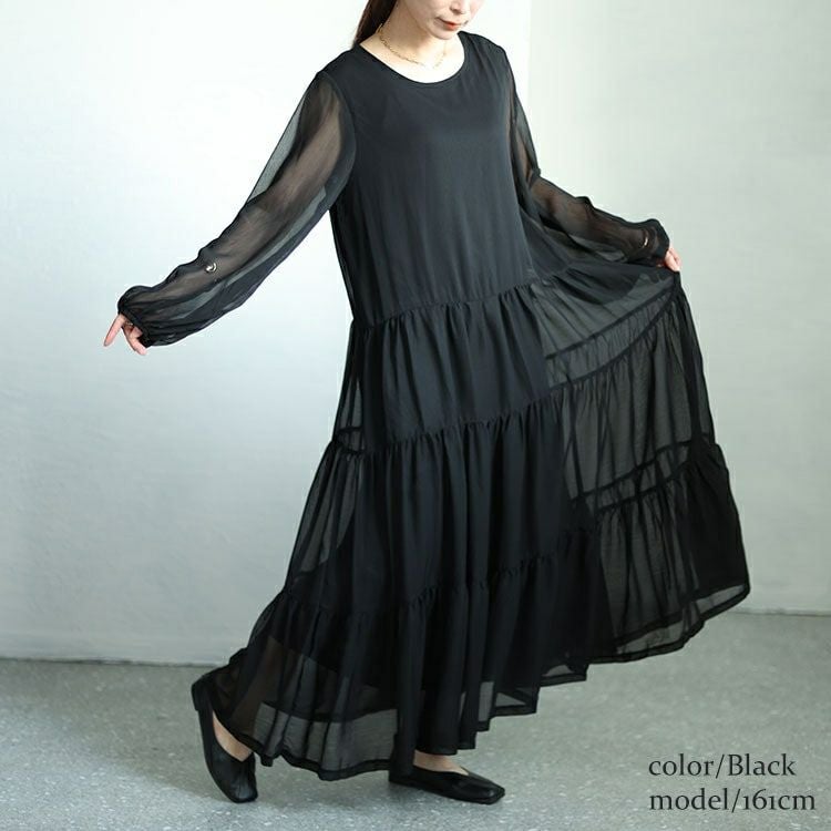 大きいサイズ レディース シアースリーブシフォンティアードワンピース　maru-30002