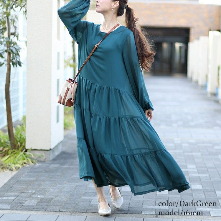 大きいサイズ レディース シアースリーブシフォンティアードワンピース　maru-30002