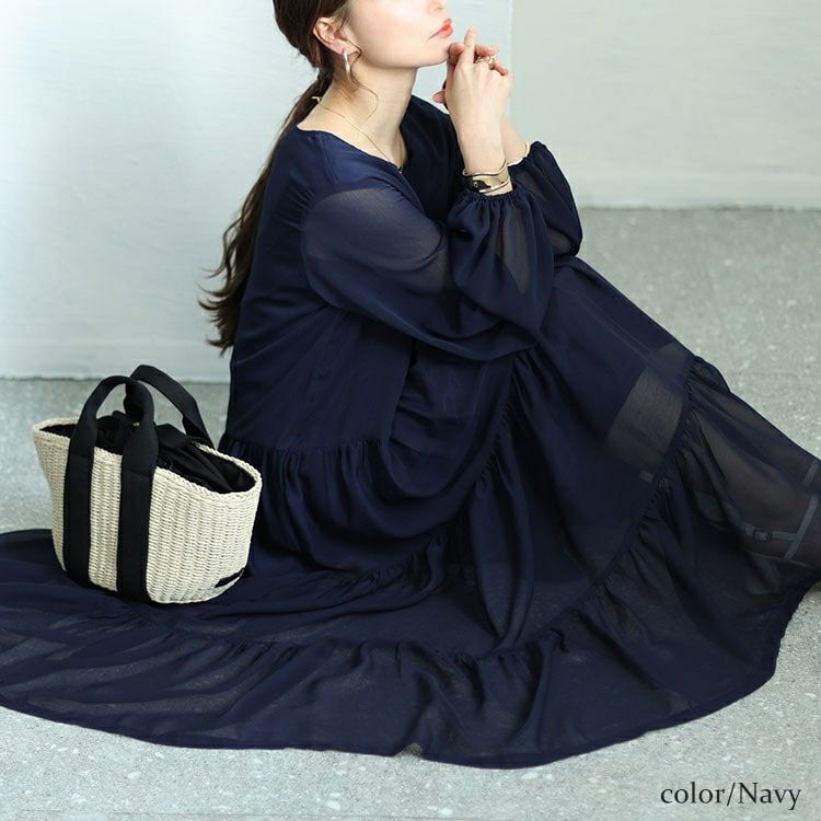 大きいサイズ レディース シアースリーブシフォンティアードワンピース　maru-30002