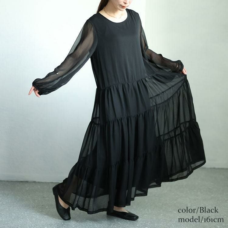 大きいサイズ レディース シアースリーブシフォンティアードワンピース　maru-30002 ブラック