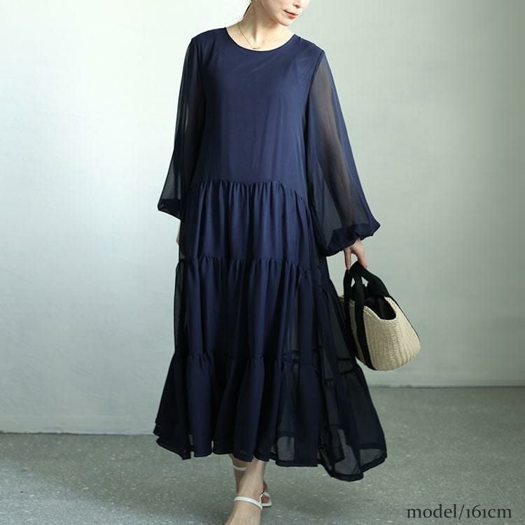 大きいサイズ レディース シアースリーブシフォンティアードワンピース　maru-30002 ネイビー