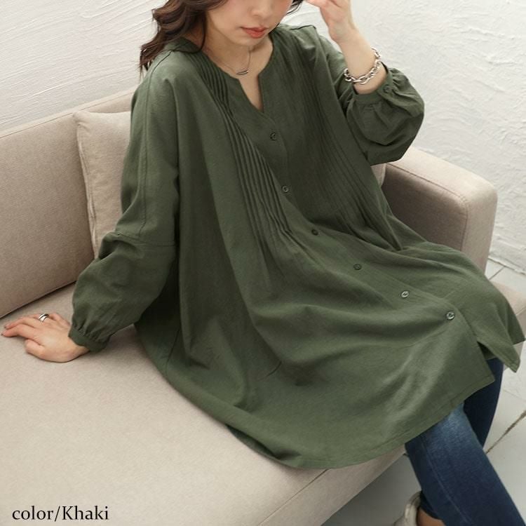 大きいサイズ レディース コットンピンタック使いワイドチュニック　maru-6746 カーキ