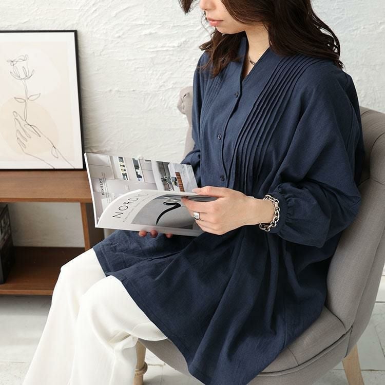 大きいサイズ レディース コットンピンタック使いワイドチュニック　maru-6746 ネイビー