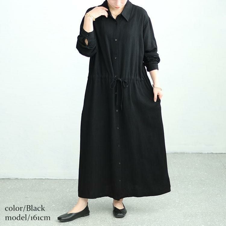 大きいサイズ レディース リネン混ブラウジングシャツワンピース　maru-6744 ブラック