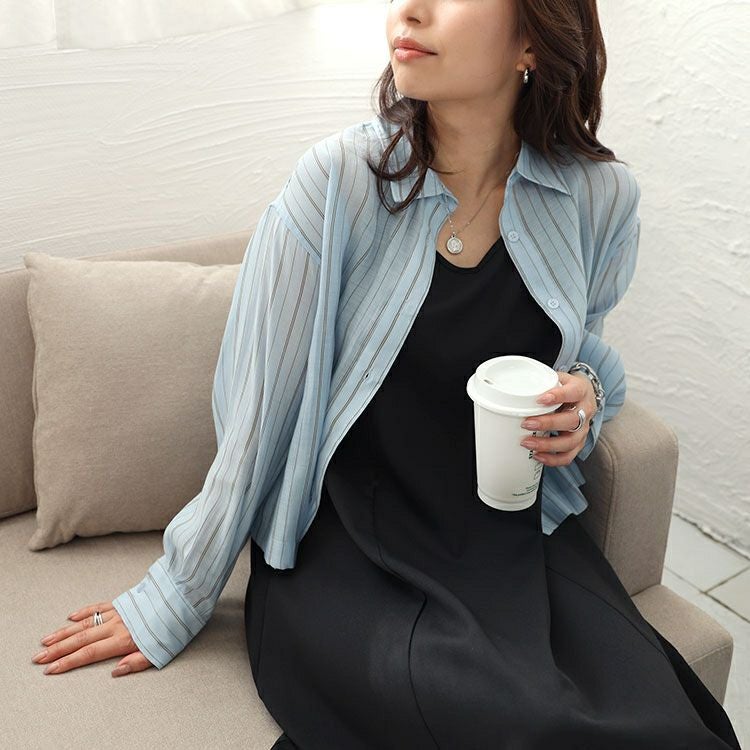 大きいサイズ レディース シアーストライプショート丈シャツブラウス　maru-6741 【ゆうパケット可】