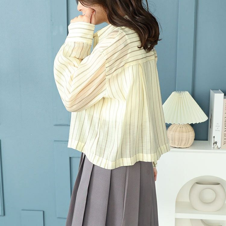 大きいサイズ レディース シアーストライプショート丈シャツブラウス　maru-6741 【ゆうパケット可】