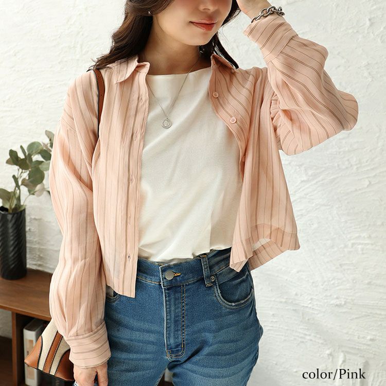 大きいサイズ レディース シアーストライプショート丈シャツブラウス　maru-6741 【ゆうパケット可】