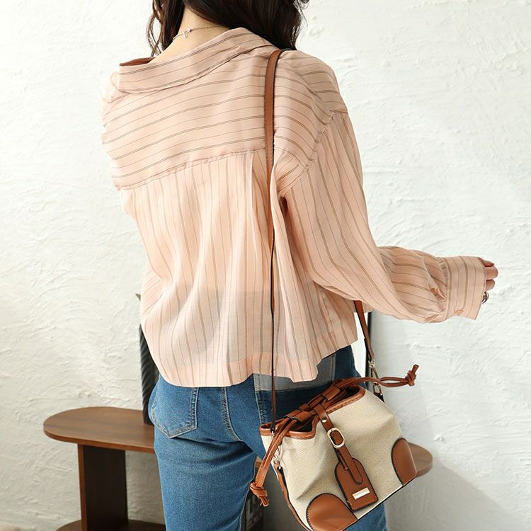 大きいサイズ レディース シアーストライプショート丈シャツブラウス　maru-6741 【ゆうパケット可】