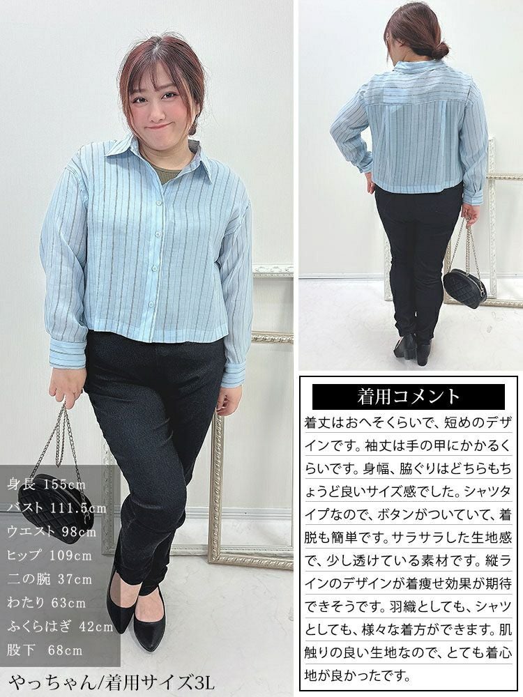 大きいサイズ レディース シアーストライプショート丈シャツブラウス　maru-6741 【ゆうパケット可】