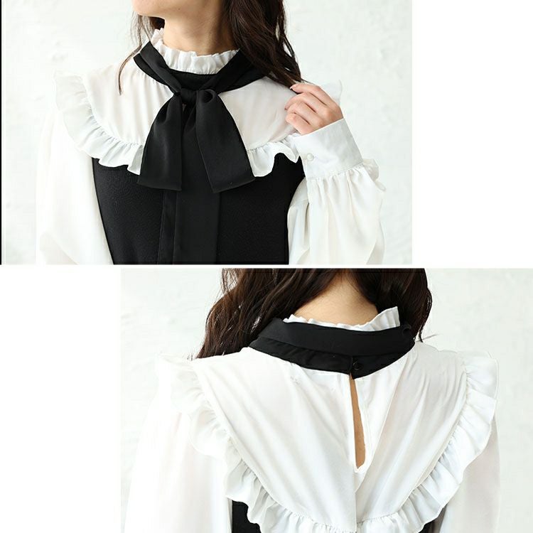 大きいサイズ レディース ボウタイ付き胸フリルブラウスドッキングワンピース　jps032