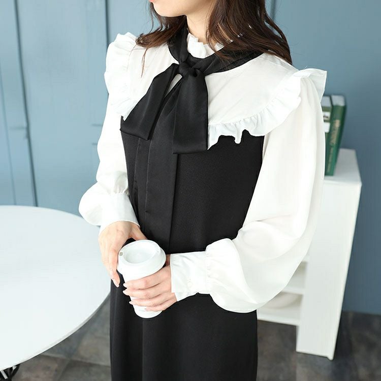 大きいサイズ レディース ボウタイ付き胸フリルブラウスドッキングワンピース　jps032